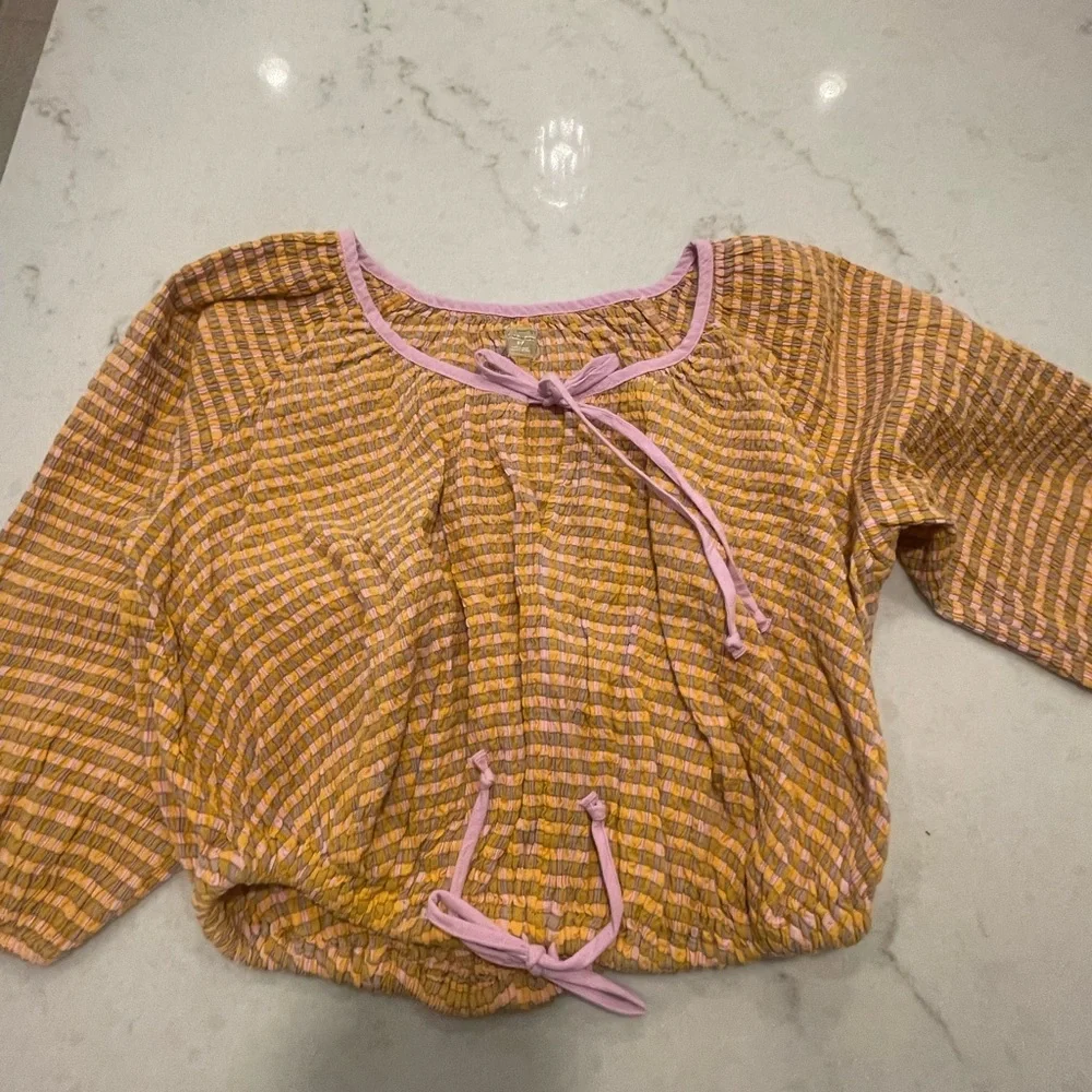 FREE PEOPLE EST GINGHAM PLAID TOP with  PINK TRIM TIE BOWS ! S